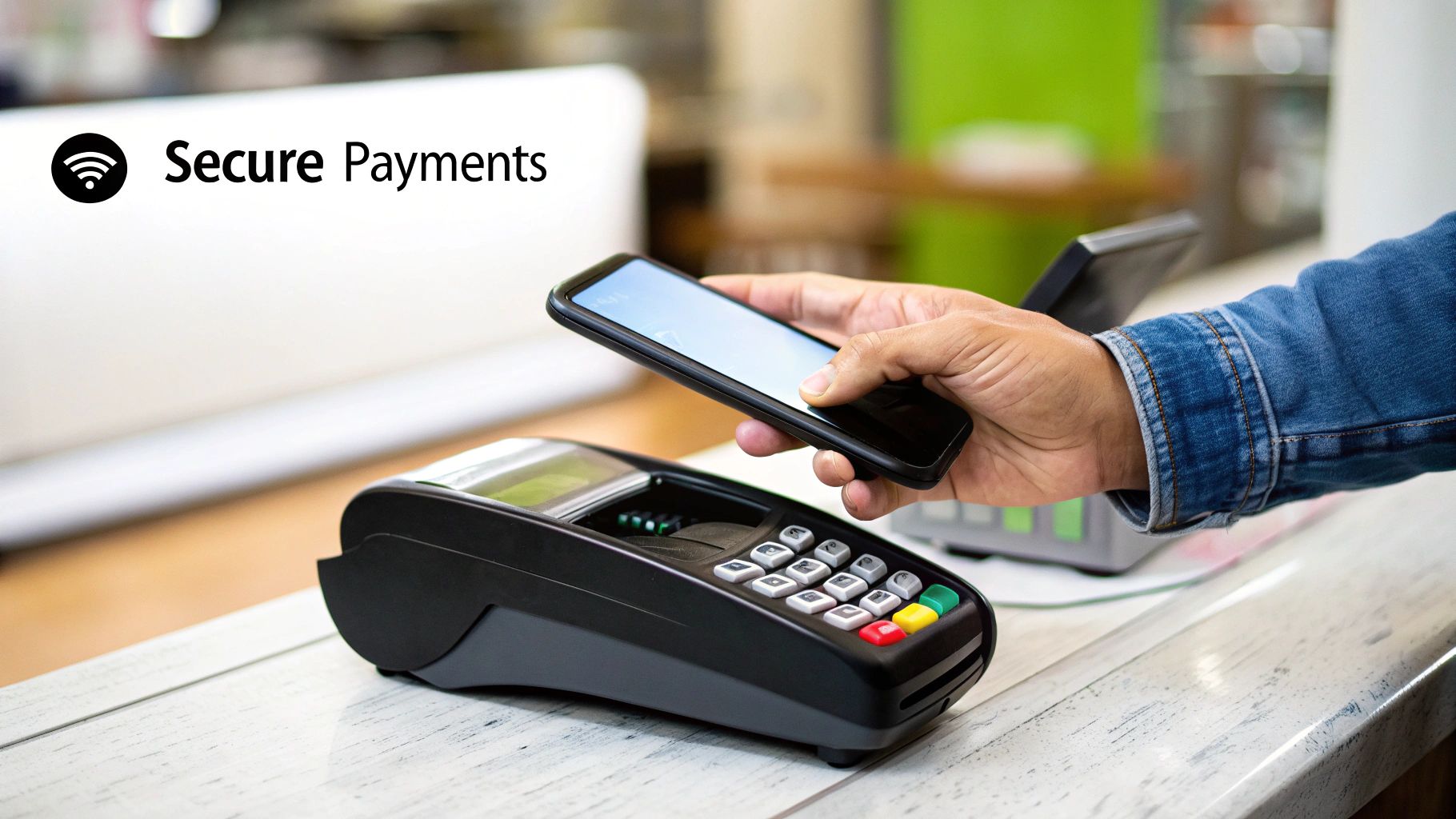 Contactless mobile payment at checkout representing secure transactions that prevent credit card fraud