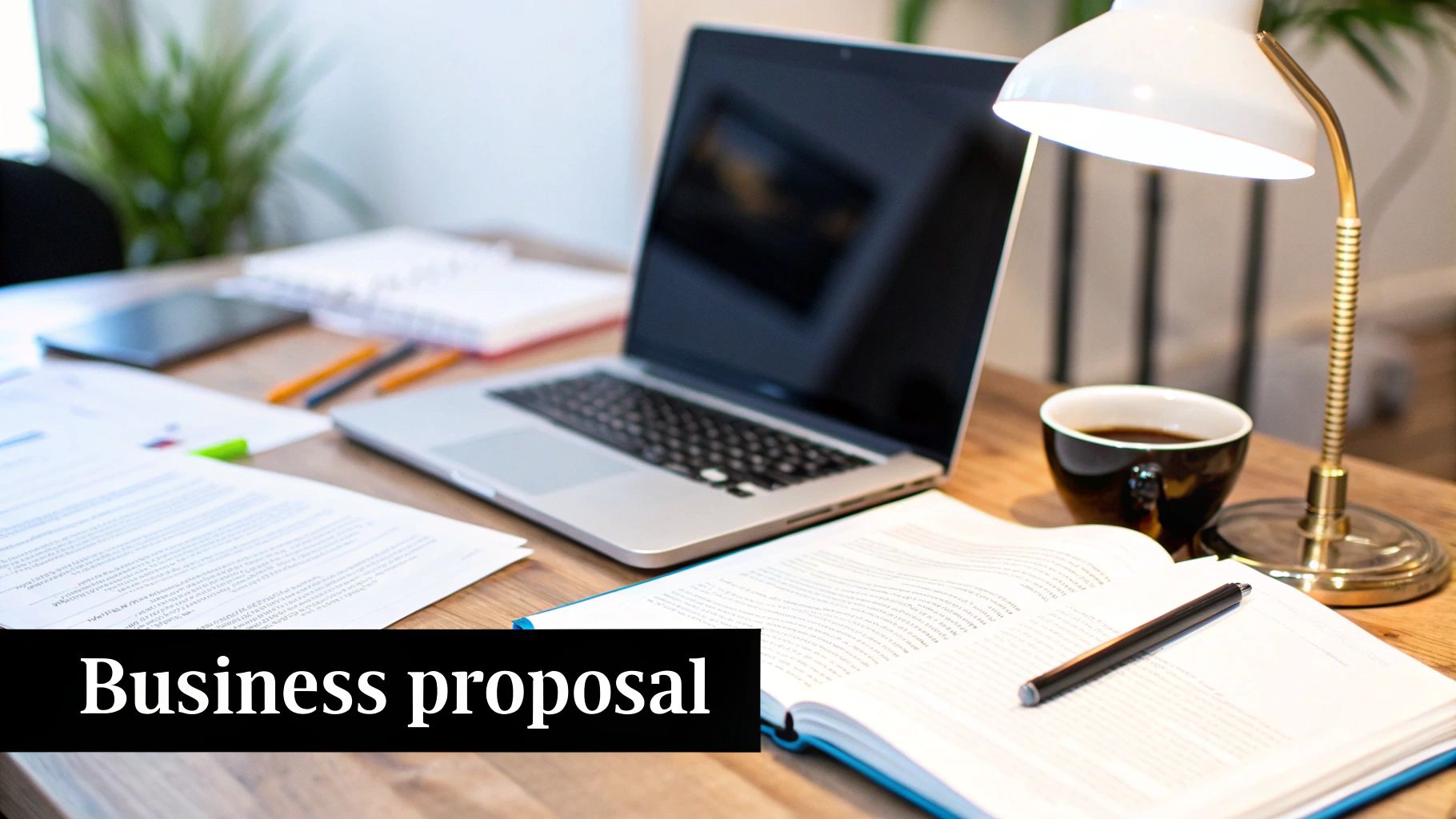 Business proposal document on a desk beside a laptop and notebook