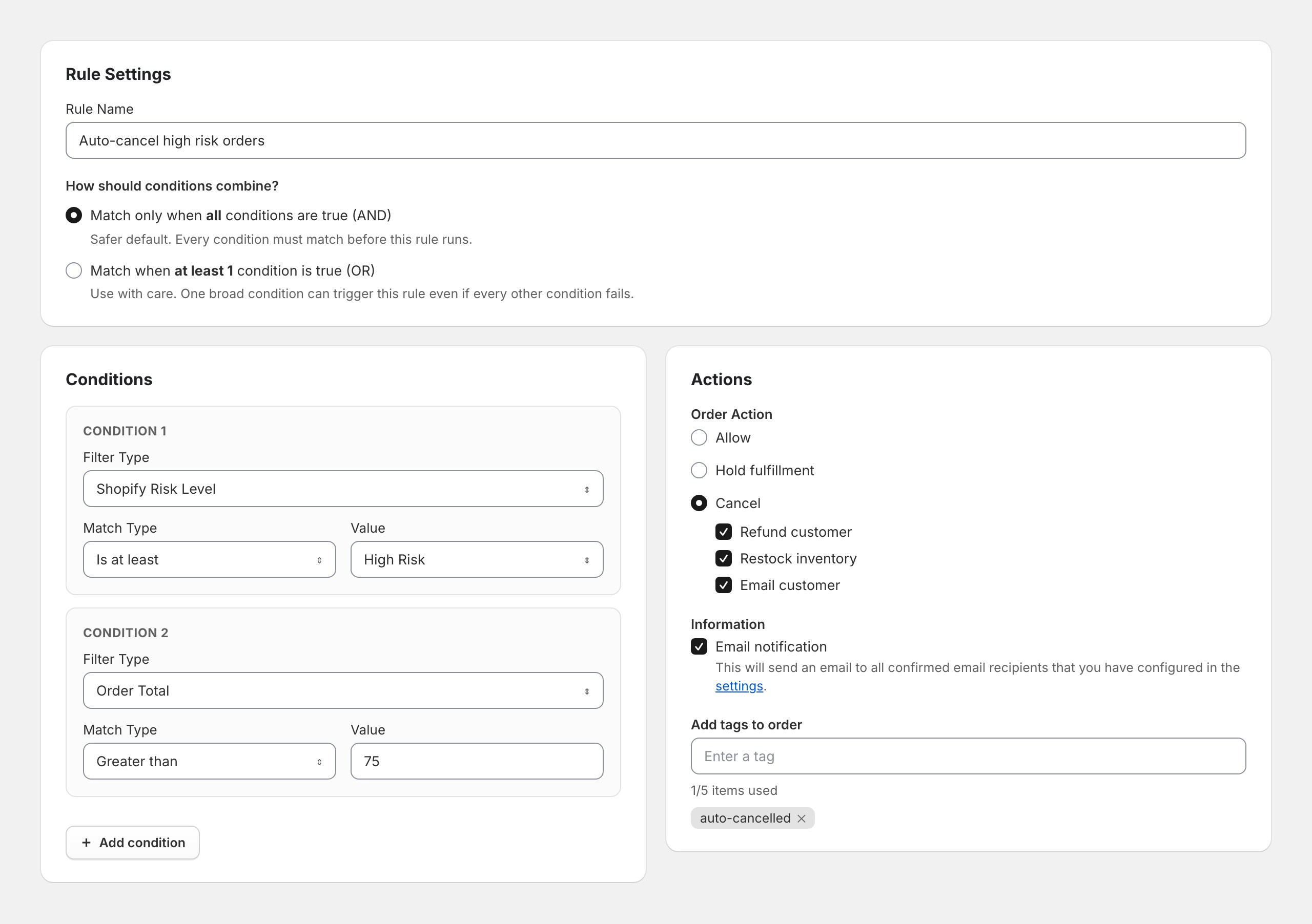 The FraudFalcon rule builder showing a rule named "Auto-cancel high risk orders" set to match only when all conditions are true. Condition 1 is Shopify Risk Level, Is at least, High Risk. Condition 2 is Order Total, Greater than, 75. The Actions panel has Cancel selected with Refund customer, Restock inventory, and Email customer all ticked, email notification enabled, and the tag auto-cancelled applied.
