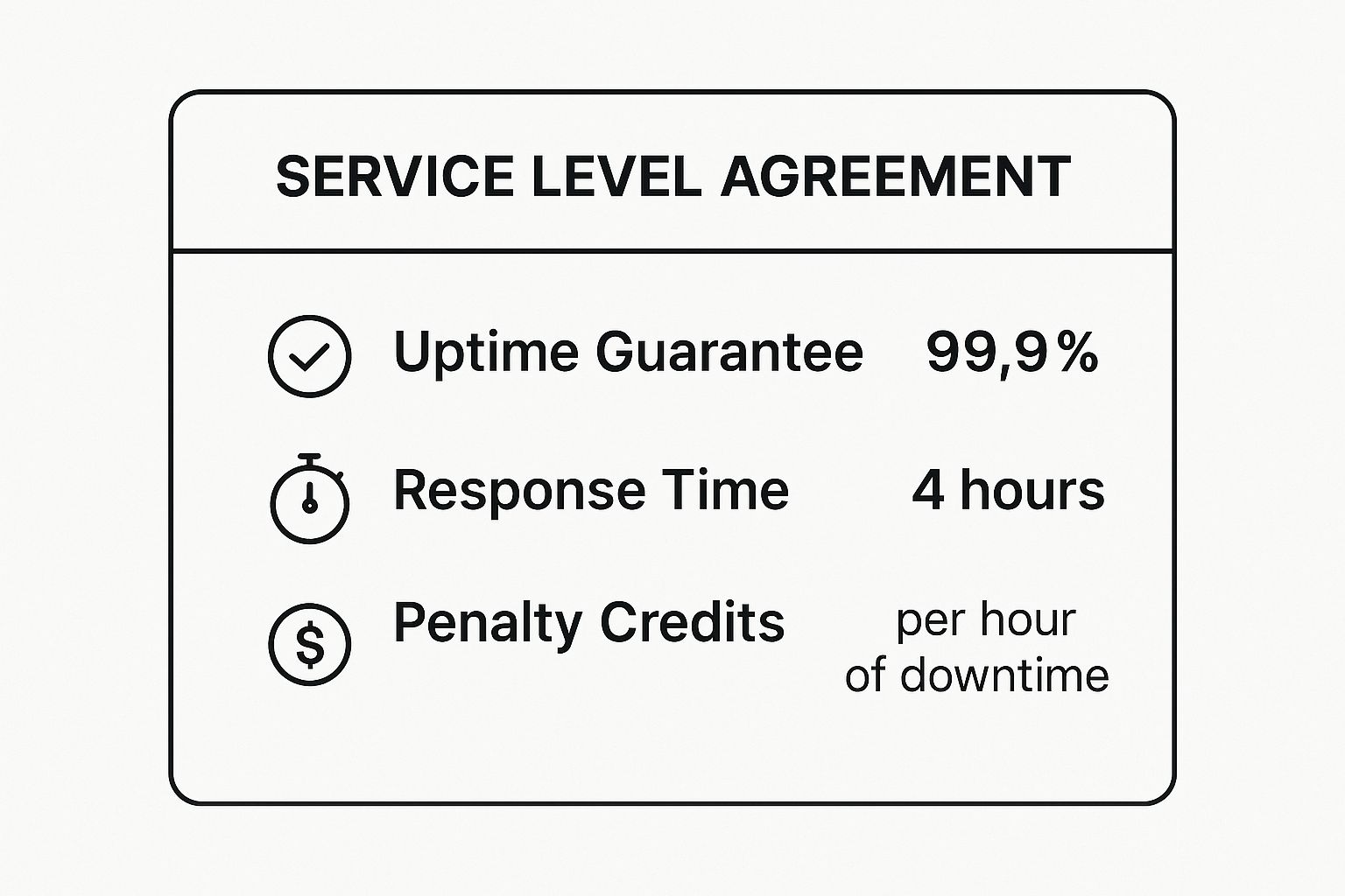 Infographic of service level agreement metrics like uptime guarantee and response time